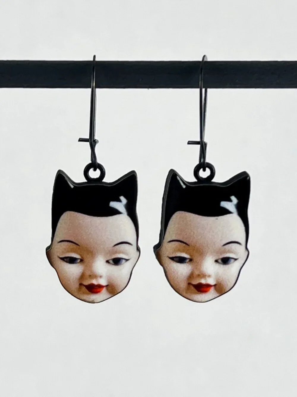Vintage Style Earrings Doll Face with Black Cat Ears – Black Kidney Ear Wires